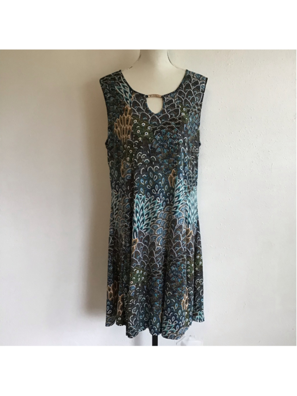 PerSeption Women Elegant Sleeveless Mini Dress Size 1X, Black and Teal Patterned
